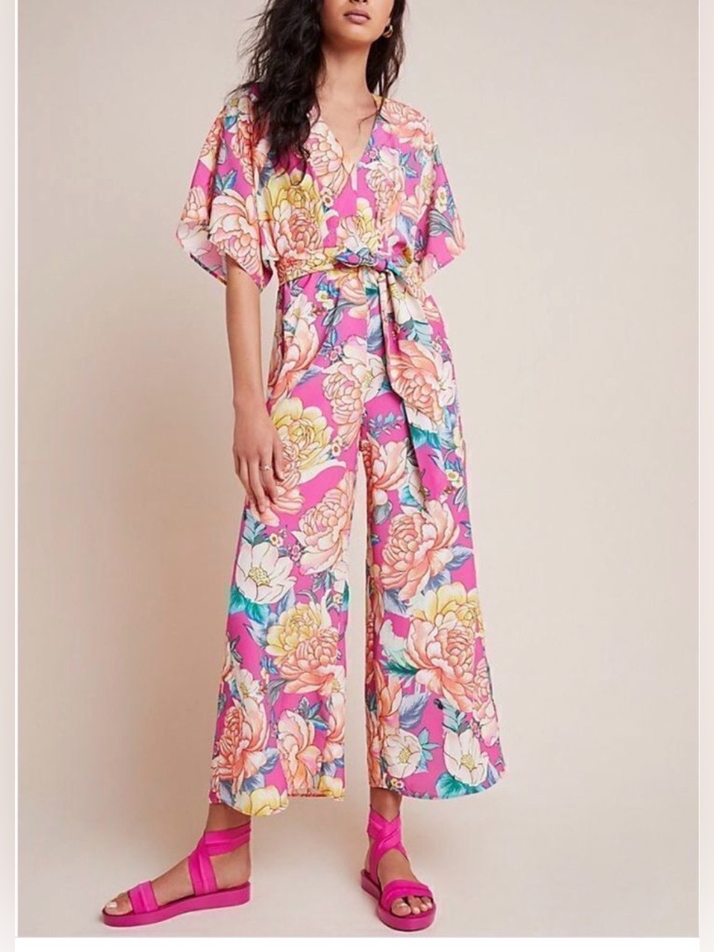 Farm Rio Anthropologie Eulalie Floral Jumpsuit Sz SM Wide Leg Dolman Tropical